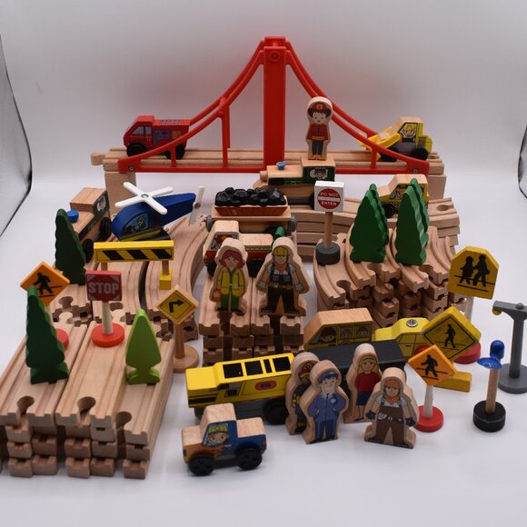 Lot of over 60 Tracks Curves Ramps Straights Ascending Wooden Railway Trains - Picture 1 of 12